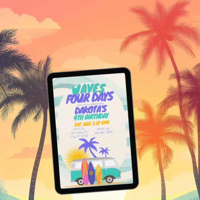 Waves Four Days Surf Van 4th Birthday Einladung (Von Creator hochgeladen)