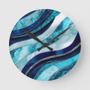 Waves - Mixed Media Blue Abstrakt Runde Wanduhr