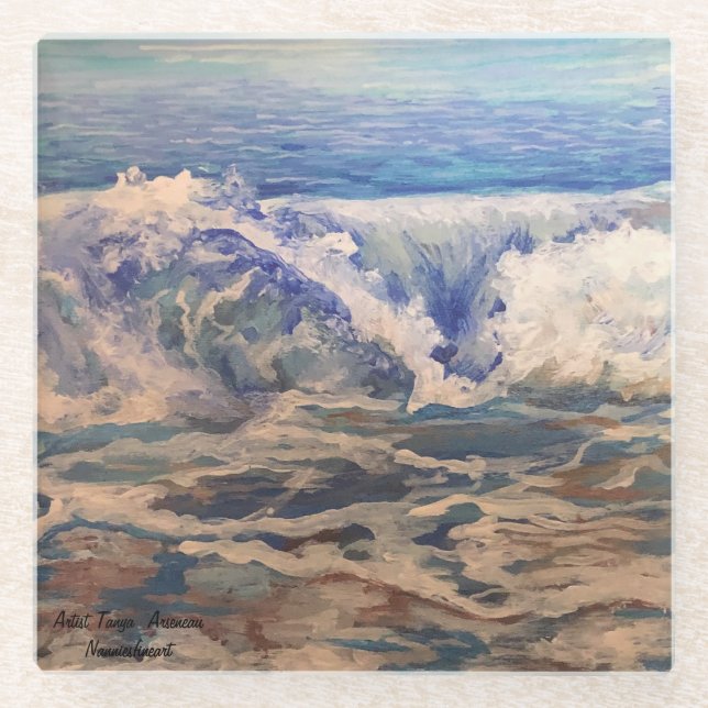 Waves Original Handgemalte Kunst Glasuntersetzer (Vorderseite)