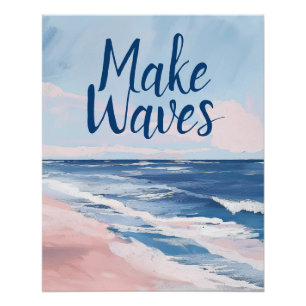 Waves Pink Blue Coastal Beach Gouache Poster