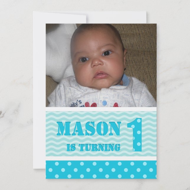 Waves und Polka-dot 1. Geburtstag Einladungen (Vorderseite)