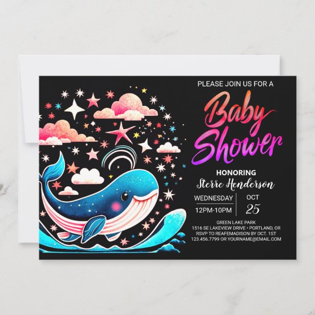Waves Whale Pink Girl Baby Dusche Einladung (Vorderseite)