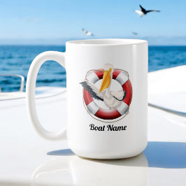 Waving Pelican in Life Buoy mit Bootsnamen Kaffeetasse