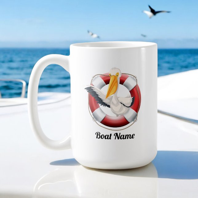 Waving Pelican in Life Buoy mit Bootsnamen Kaffeetasse (Von Creator hochgeladen)