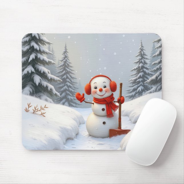Waving Snowman With a Red Shovel Mousepad (Mit Mouse)