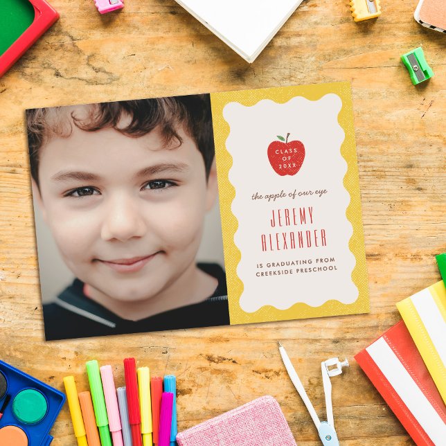 Wavy Apple Preschool Photo Graduation Announcement Save The Date (Von Creator hochgeladen)