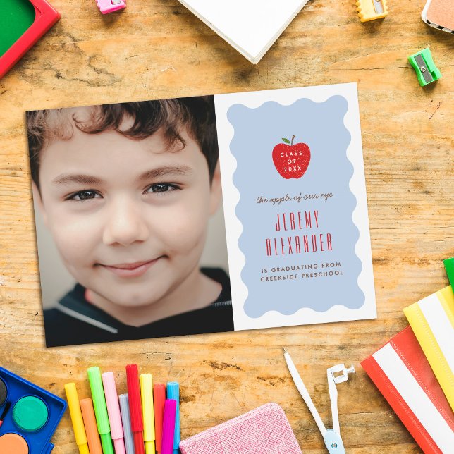 Wavy Apple Preschool Photo Graduation Announcement Save The Date (Von Creator hochgeladen)