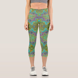 Wavy Aqua Blue und Orange Trippy Muster Capri Leggings