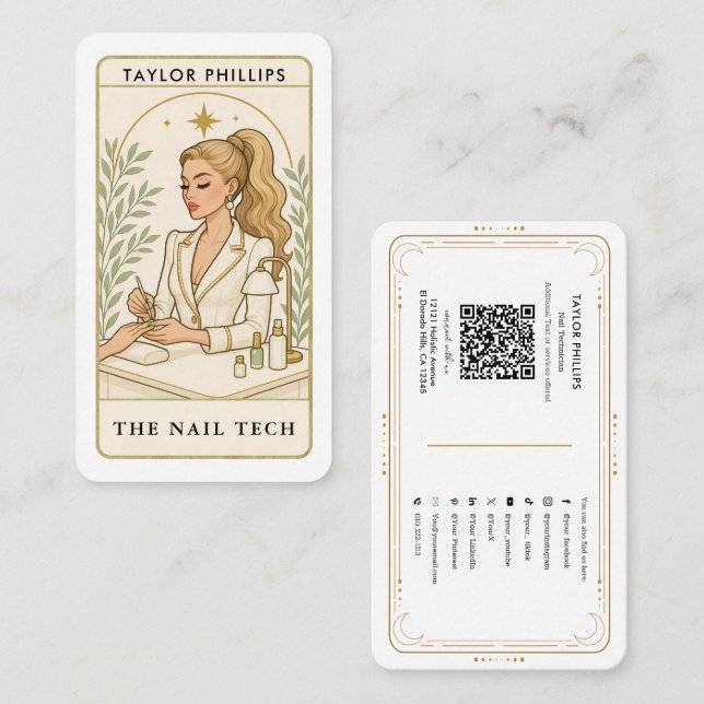 Wavy Blonde Nail Tech Tarot Social Media QR Visitenkarte (Vorne/Hinten)