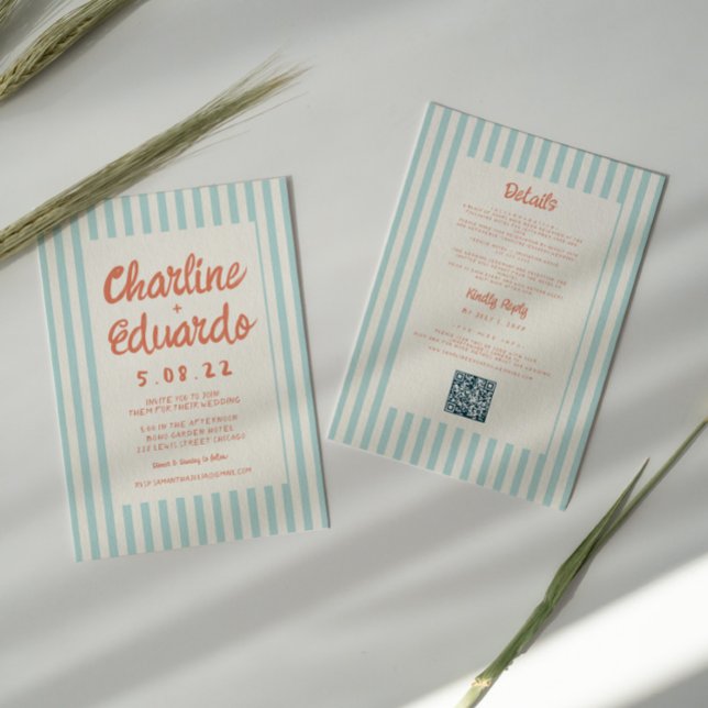 Wavy Blue and Red Handwriting Wedding QR Code Einladung (Von Creator hochgeladen)