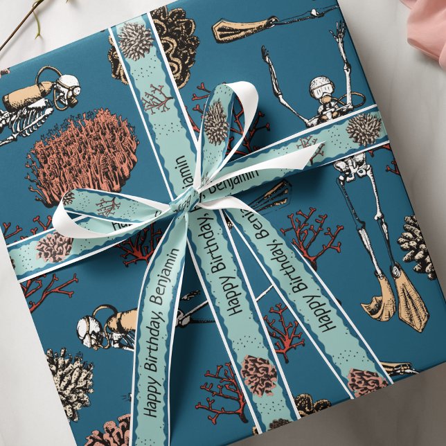 Wavy Blue Ocean & Deep Sea Red Corales Ripsband (Dive into gift-giving with our captivating 'Wavy Blue Ocean & Deep Sea Red Corals' Grosgrain Ribbon!)