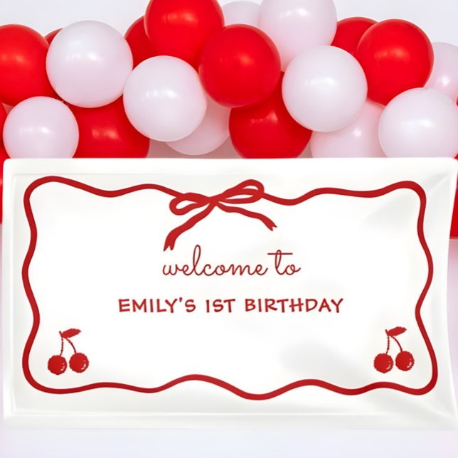 Wavy Border Hand Drawing Cherry oben Banner (Hand drawn Cherry On Top Welcome Sign, Cherry on Top Party Banner, Whimsical Cherry on Top Banner)