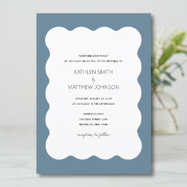 Wavy Border Modern Retro Dusty Blue Wedding Einladung