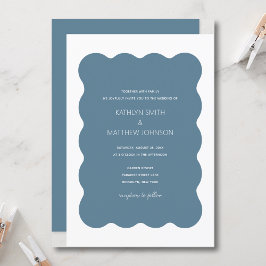Wavy Border Modern Retro Dusty Blue Wedding Einladung