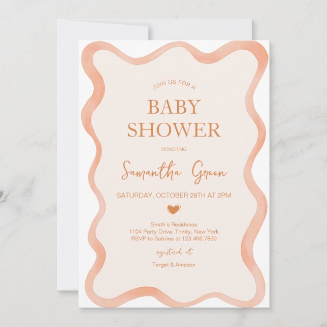 Wavy Border Rustic Orange Baby Dusche Einladung (Vorderseite)