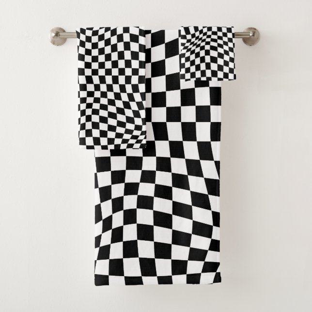 Wavy Checked Schwarz-weiß Checkerboard Badhandtuch Set (Insitu)