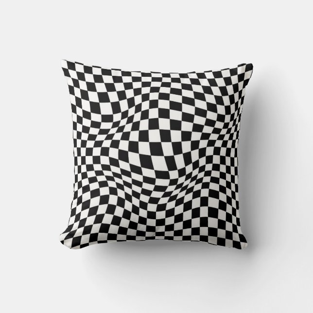 Wavy Checked Schwarz-weiß Checkerboard Kissen (Vorderseite)