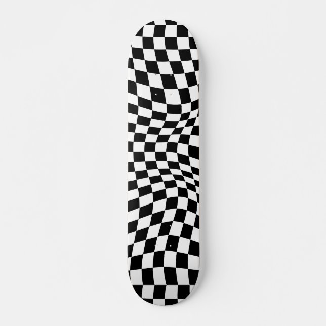 Wavy Checked Schwarz-weiß Checkerboard Skateboard (Vorne)