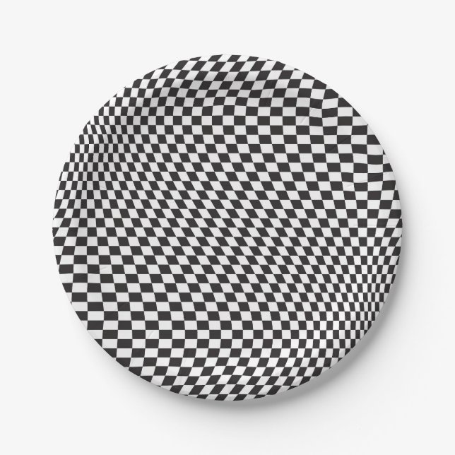 Wavy Checkered Schwarz-weiß Checkerboard Muster Pappteller (Vorderseite)