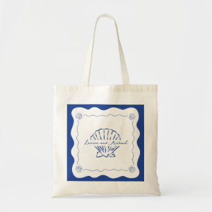 Wavy Coastal Moderne Marine Blue Wedding Willkomme Tragetasche