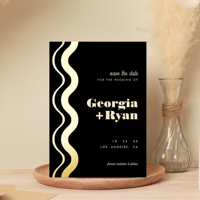 Wavy Edge Modern Retro Black Save the Date Real Folieneinladung (Von Creator hochgeladen)