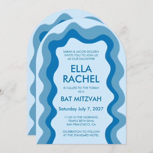 Wavy Frame Arch Modern Custom QR Bar Bat Mitzvah Einladung (Vorne/Hinten)