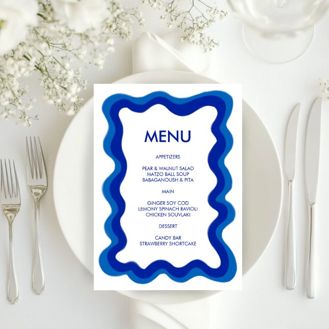 Wavy Frame Modern Chic Blue Custom Bar Bat Mitzvah Menükarte (Wavy Frame Modern Chic Blue Custom Bar Bat Mitzvah Menu
)