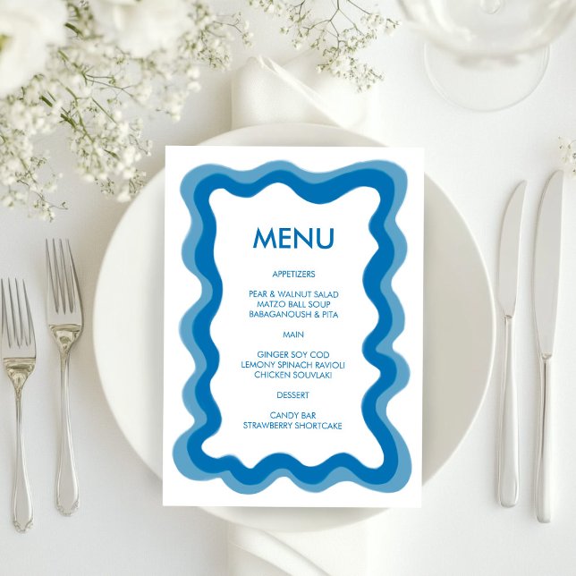 Wavy Frame Modern Chic Blue Custom Bar Bat Mitzvah Menükarte (Wavy Frame Modern Chic Blue Custom Bar Bat Mitzvah Menu
)