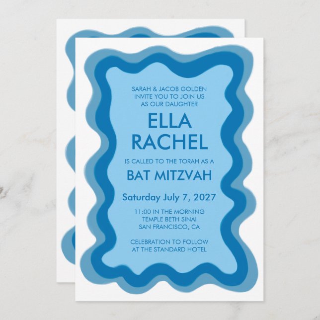 Wavy Frame Modern Custom QR CODE Bar Bat Mitzvah Einladung (Vorne/Hinten)