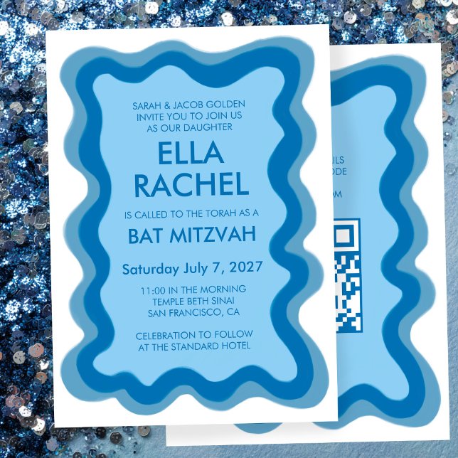 Wavy Frame Modern Custom QR CODE Bar Bat Mitzvah Einladung (Wavy Frame Modern Custom QR CODE Bar Bat Mitzvah Invitation
)