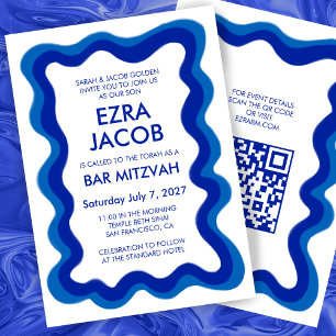 Wavy Frame Modern Custom QR CODE Bar Bat Mitzvah Einladung
