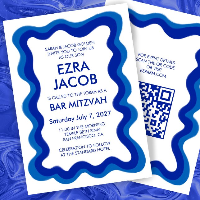 Wavy Frame Modern Custom QR CODE Bar Bat Mitzvah Einladung (Wavy Frame Modern Custom QR CODE Bar Bat Mitzvah Invitation
)