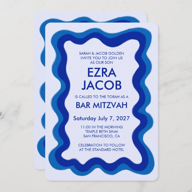 Wavy Frame Modern Custom QR CODE Bar Bat Mitzvah Einladung (Vorne/Hinten)