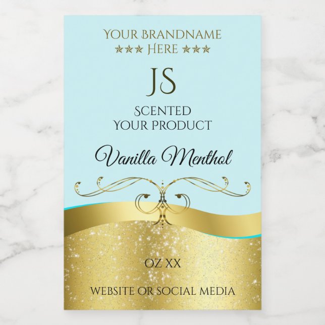 Wavy Glamour Gold Decoder Light Aquamarin Monogram Lebensmitteletikett (Einzelnes Label)