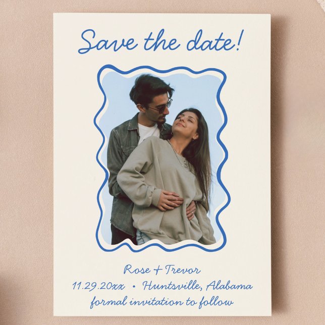 Wavy Hand Drawing Blue Border Save the Date Foto Einladung (blue and cream quirky whimsical hand drawn wavy border save the date with QR code on back modern)
