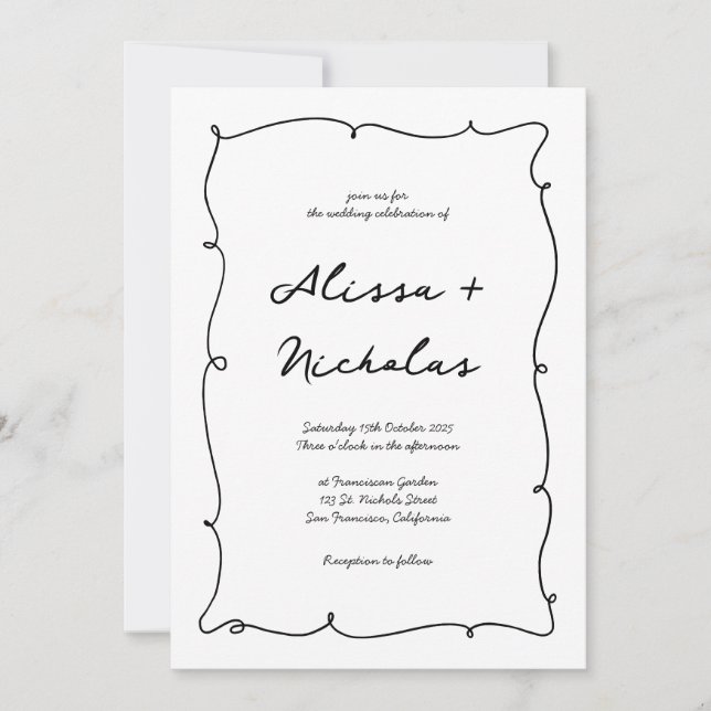 Wavy Hand Drawn Border & Script Monogram Wedding Einladung (Vorderseite)