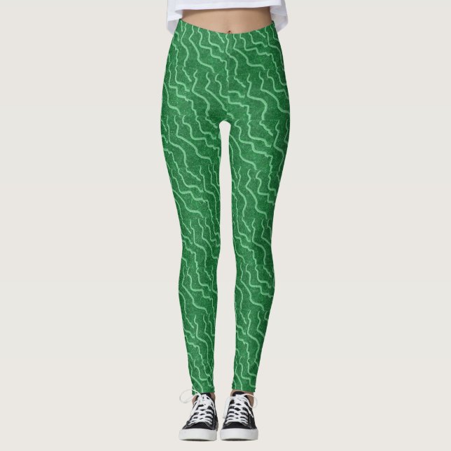 Wavy Lines Light Green auf dunkelgrüner, heller Sl Leggings (Vorderseite)