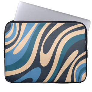 Wavy Loops Retro Abstraktes Muster Blau und Beige Laptopschutzhülle
