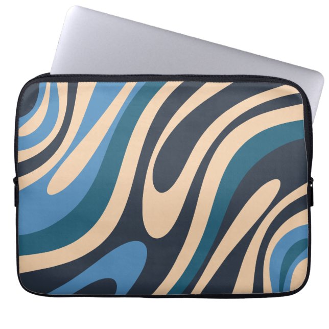 Wavy Loops Retro Abstraktes Muster Blau und Beige Laptopschutzhülle (Vorderseite)