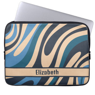 Wavy Loops Retro Abstraktes Muster Blau und Beige Laptopschutzhülle