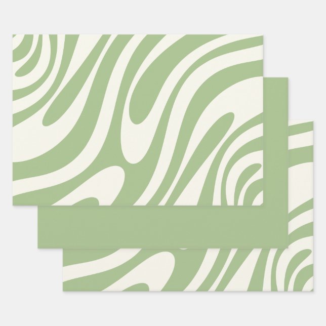 Wavy Loops Retro-Abstraktes Muster in Light Sage Geschenkpapier Set (Set)