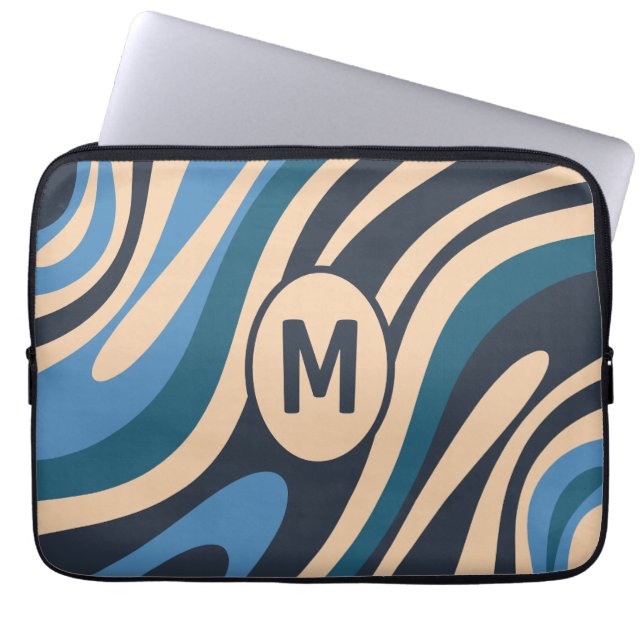 Wavy Loops Retro Abstraktes Muster Initial Blue Laptopschutzhülle (Vorderseite)