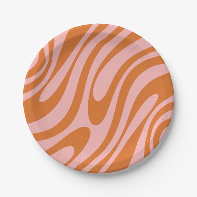 Wavy Loops Retro Abstraktes Muster Rosa Orange Pappteller (Vorderseite)