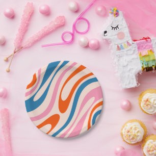 Wavy Loops Retro Modernes Abstraktes Muster Blau P Pappteller