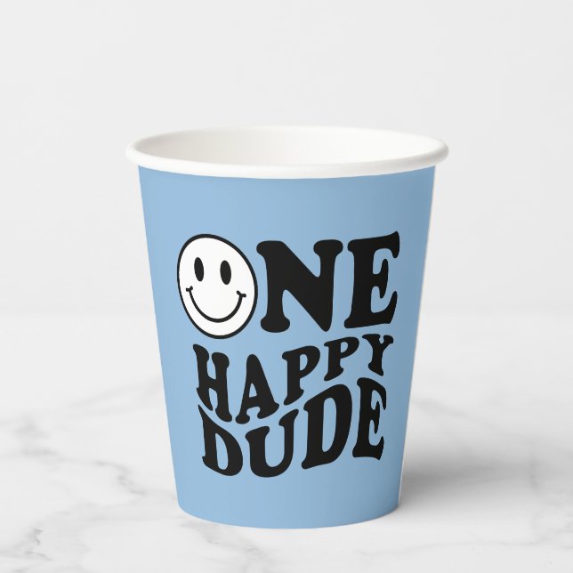 Wavy One Happy Typ Preppy Smile Blue Pappbecher (Rückseite)