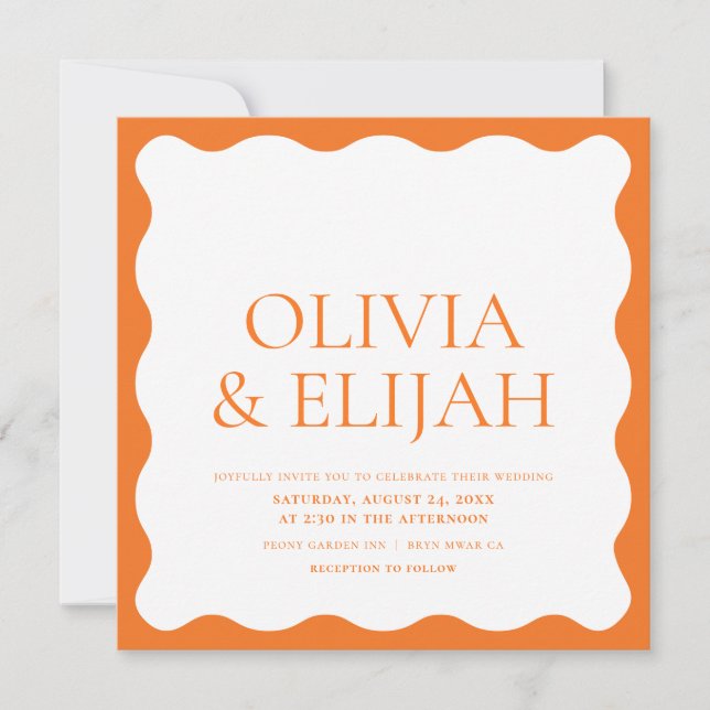 Wavy Orange Moderne Typografie Hochzeit Einladung (Vorderseite)