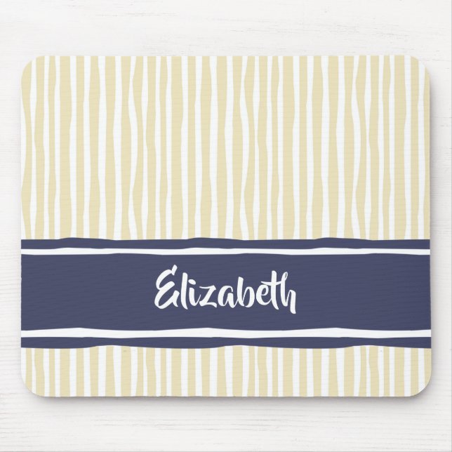 Wavy Painterly Stripes Navy und Creme mit Namen Mousepad (Vorne)