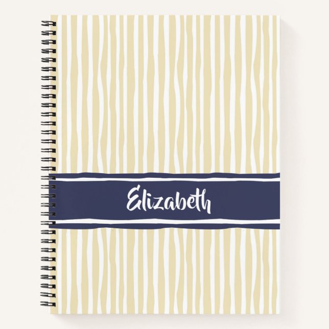 Wavy Painterly Stripes Navy und Creme mit Namen Notizbuch (Vorderseite)
