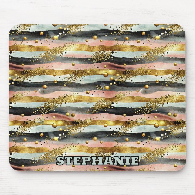 Wavy Pink & Black Streifen mit Gold Glitzer Mousepad (Vorne)