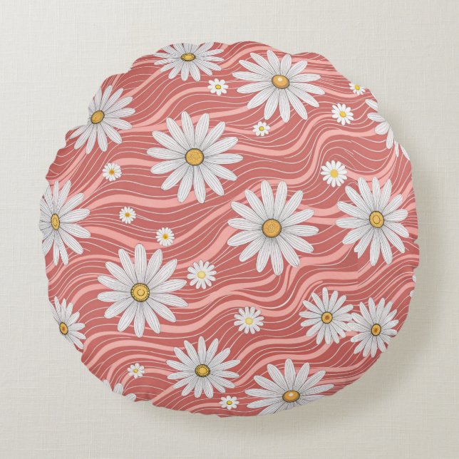 Wavy Pink Daisies  Rundes Kissen (Vorderseite)